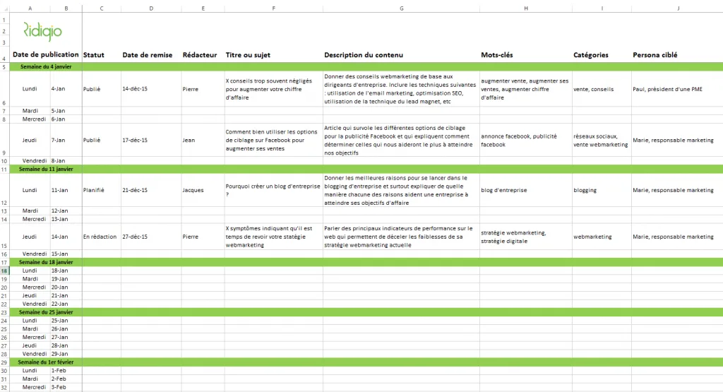 Un calendrier éditorial est un planning prévoyant la production de contenu éditorial pour un média. Le calendrier éditorial est un outil précieux pour l’animation éditoriale d’un site web ou d’une page / compte Facebook ou Twitter.