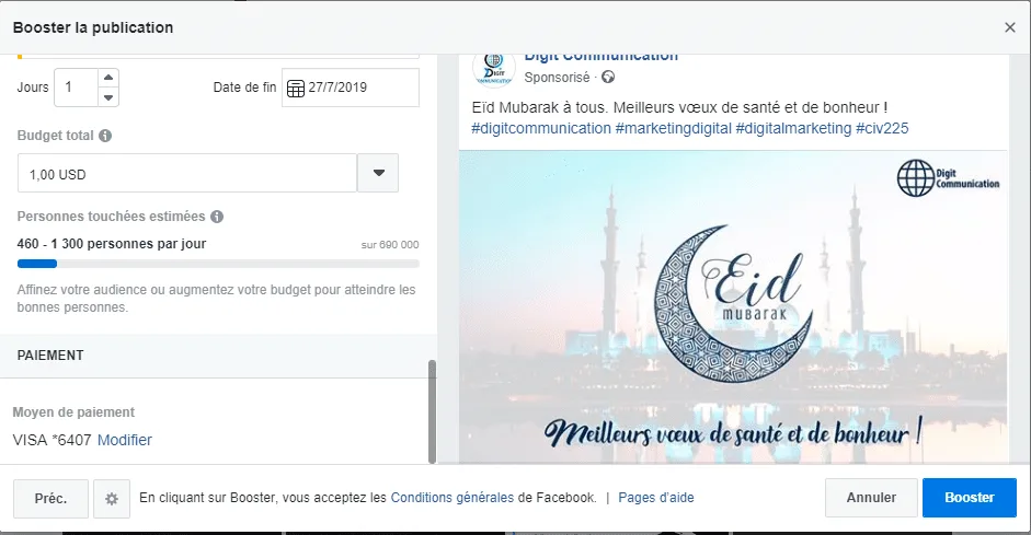 Exemple de publicité sur Facebook.