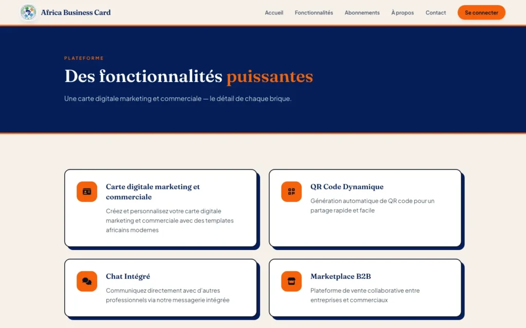 Africa Business Card : capture d'écran du site web réalisé par Digit Communication