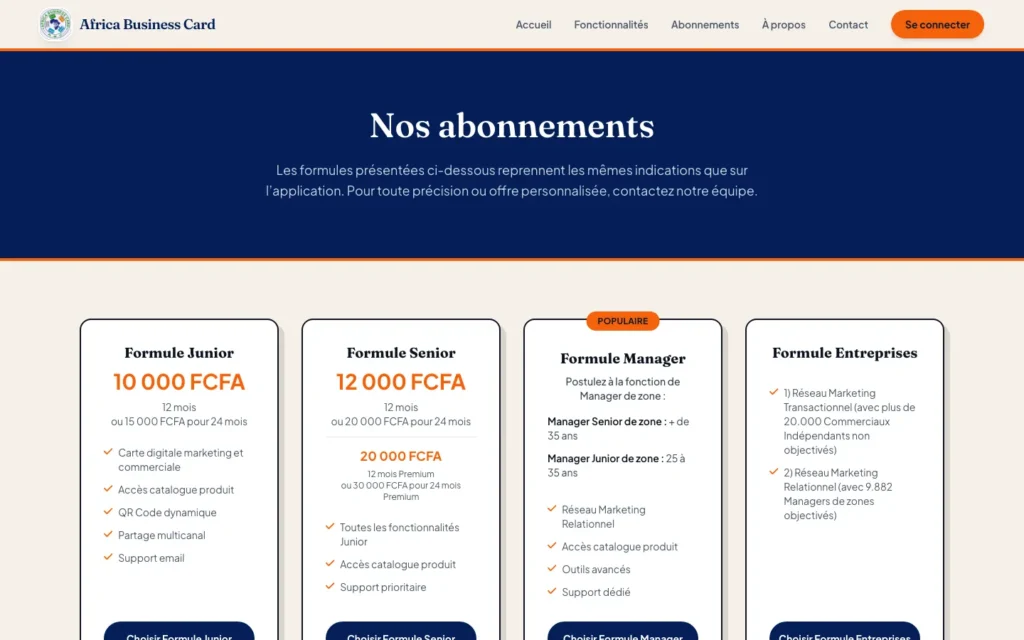 Africa Business Card : capture d'écran du site web réalisé par Digit Communication