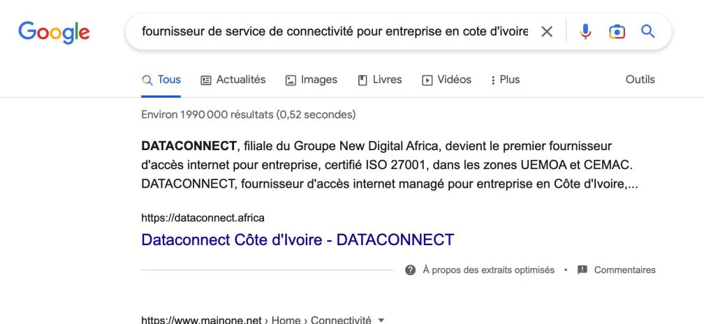 Dataconnect : résultat de recherche Google en première position