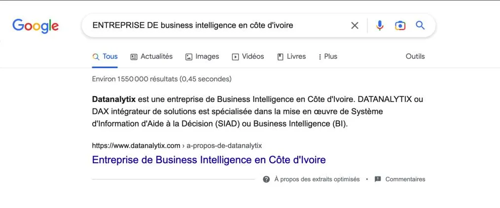 Datanalytix : résultat de recherche Google en première position