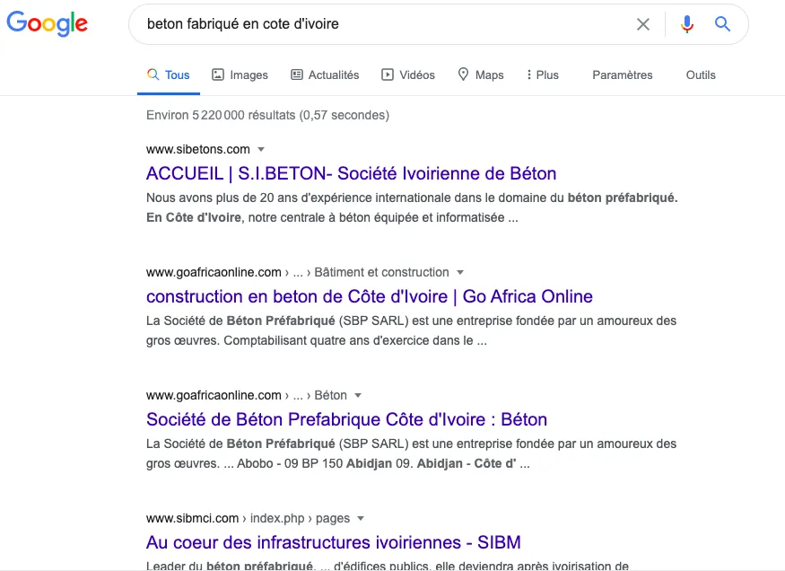 S.I.Béton : résultat de recherche Google en première position