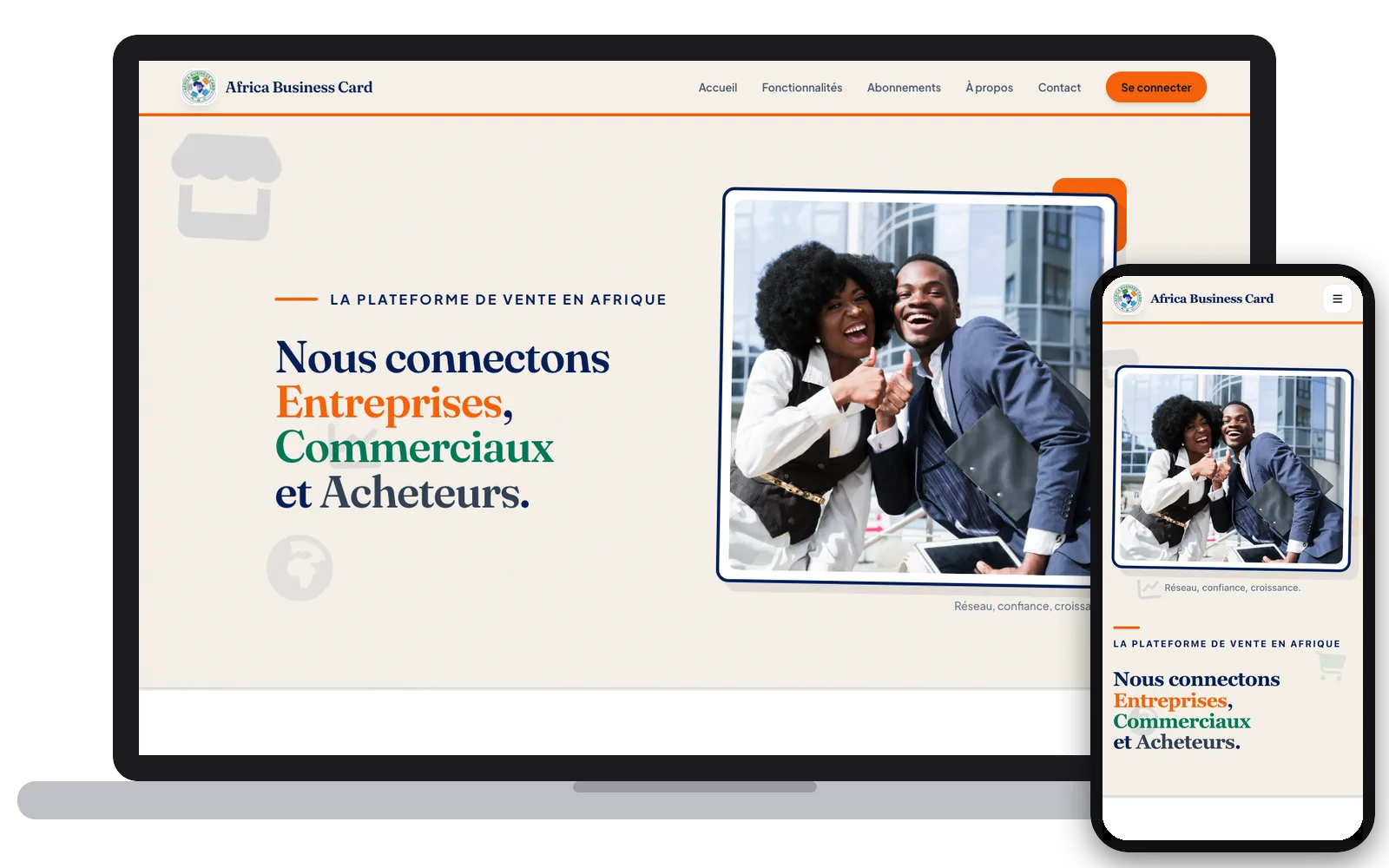 Africa Business Card : site web sur ordinateur et smartphone, réalisé par Digit Communication