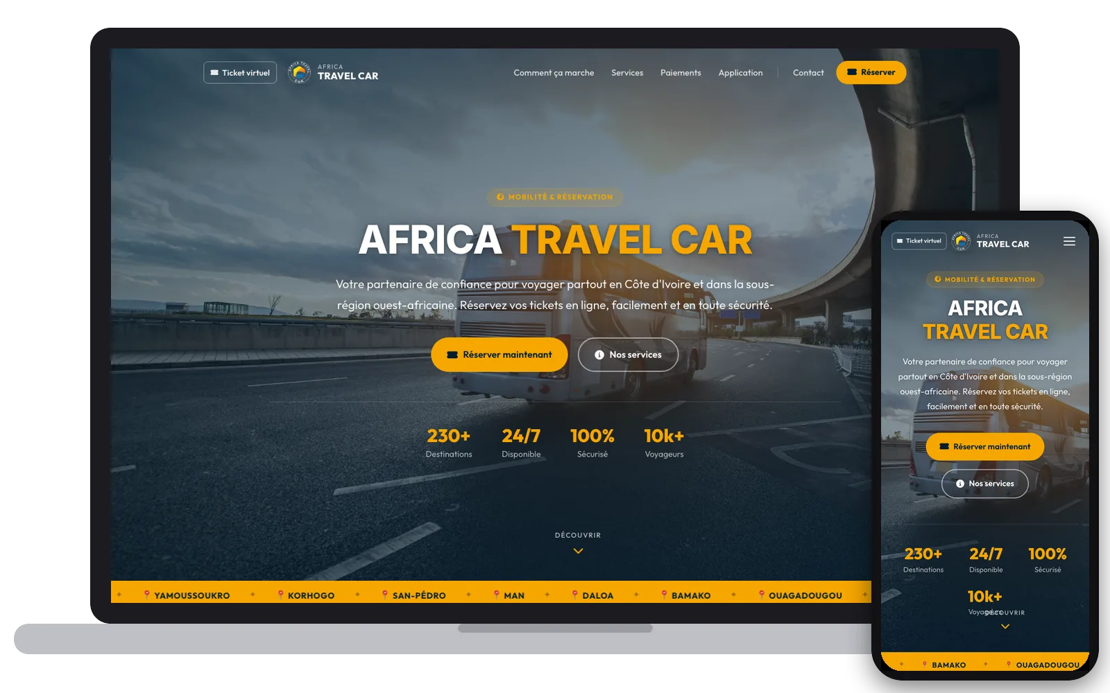 Africa Travel Car : site web sur ordinateur et smartphone, réalisé par Digit Communication