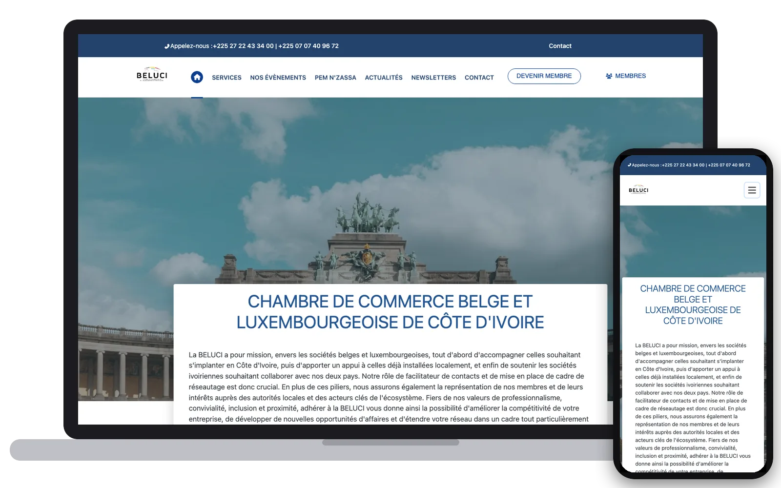 BELUCI : site web sur ordinateur et smartphone, réalisé par Digit Communication