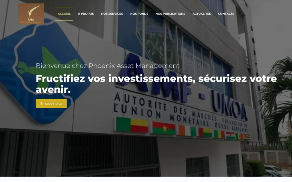 Site web PhoenixAfrica Asset Management : page d'accueil