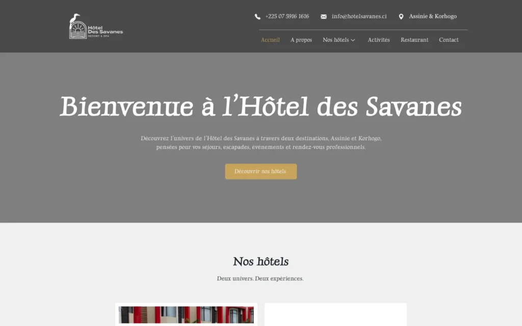 Site web Hôtel des Savanes : page d'accueil