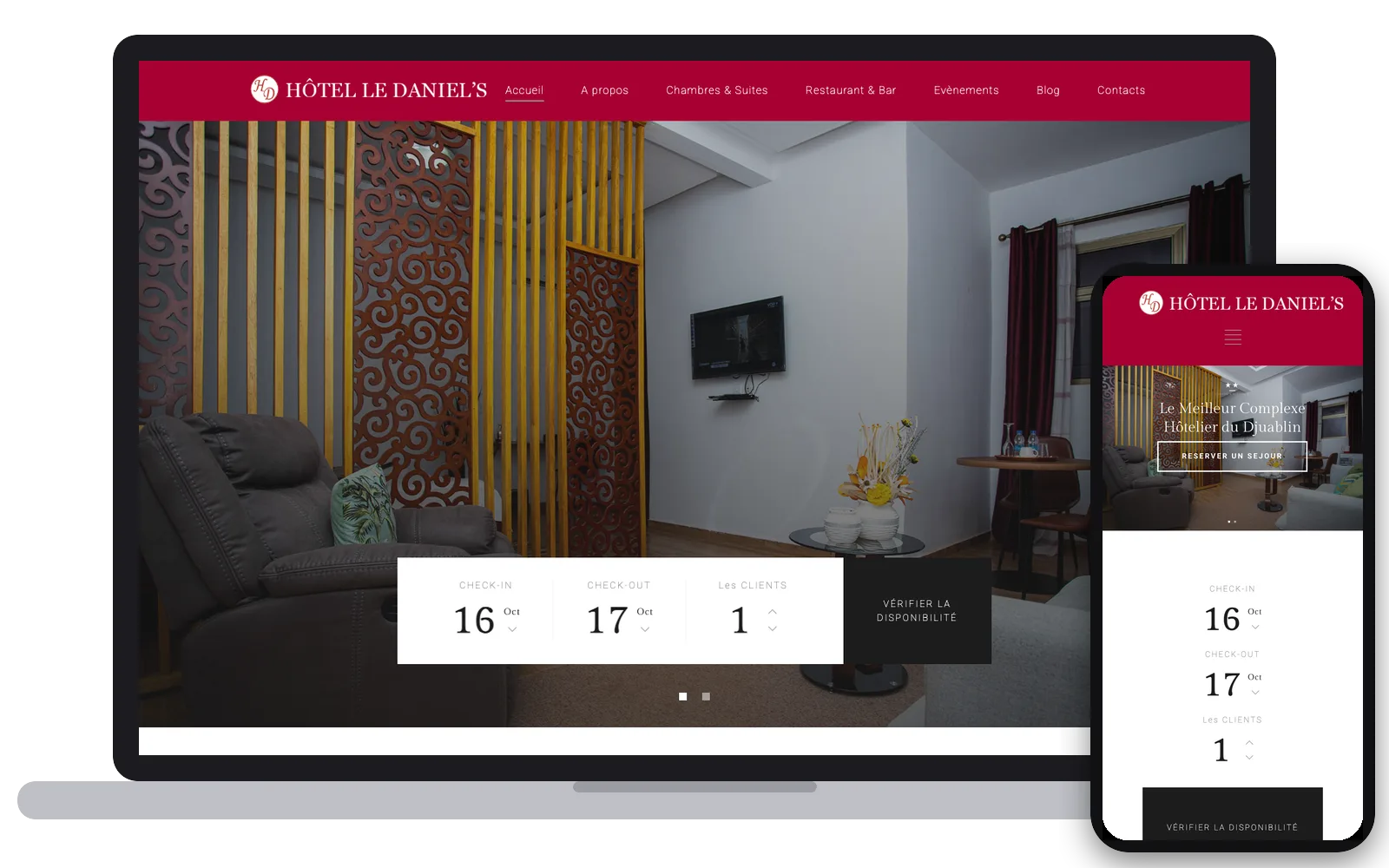 Hôtel Le Daniel's : site web sur ordinateur et smartphone, réalisé par Digit Communication