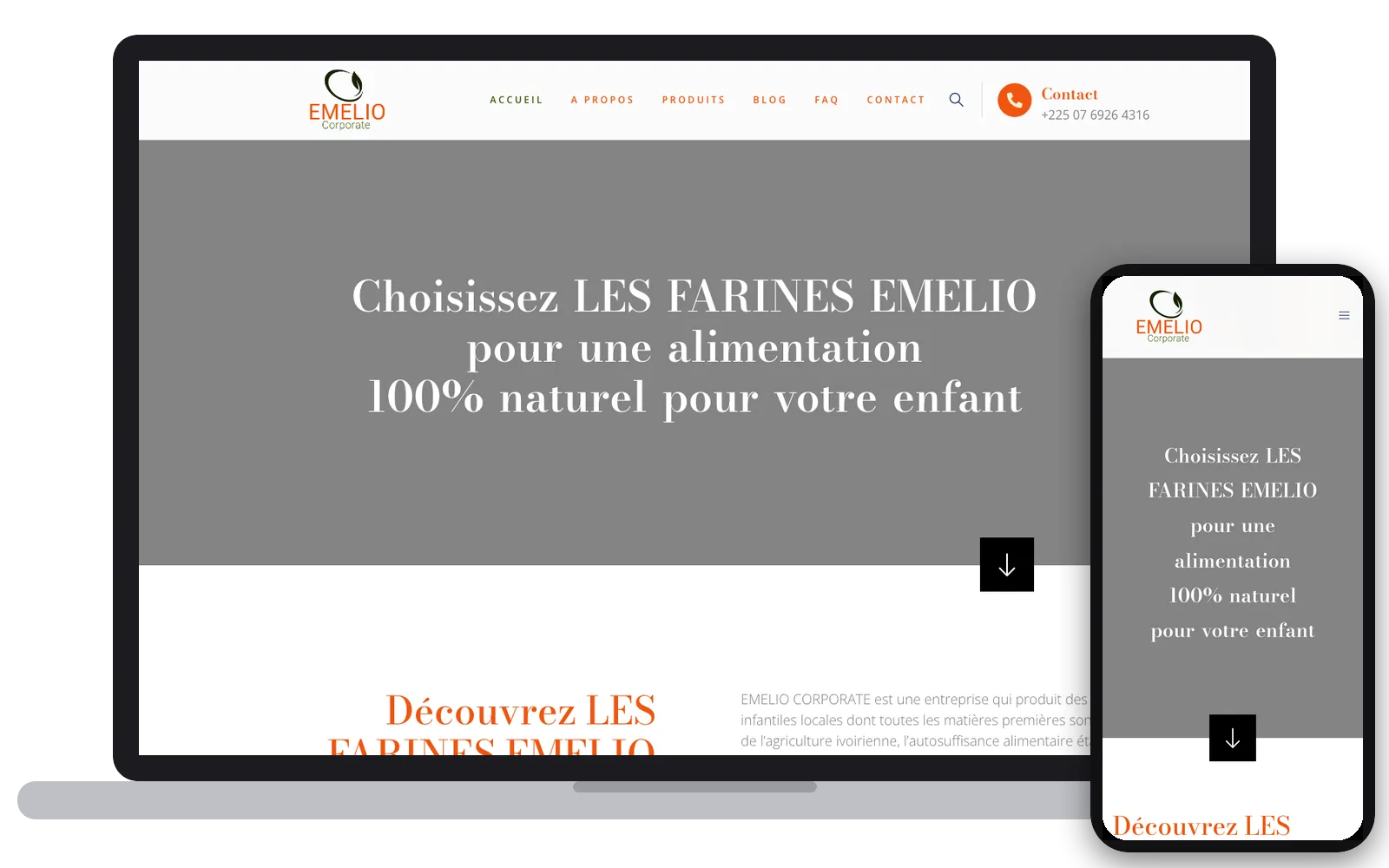 Les Farines Emelio : site web sur ordinateur et smartphone, réalisé par Digit Communication