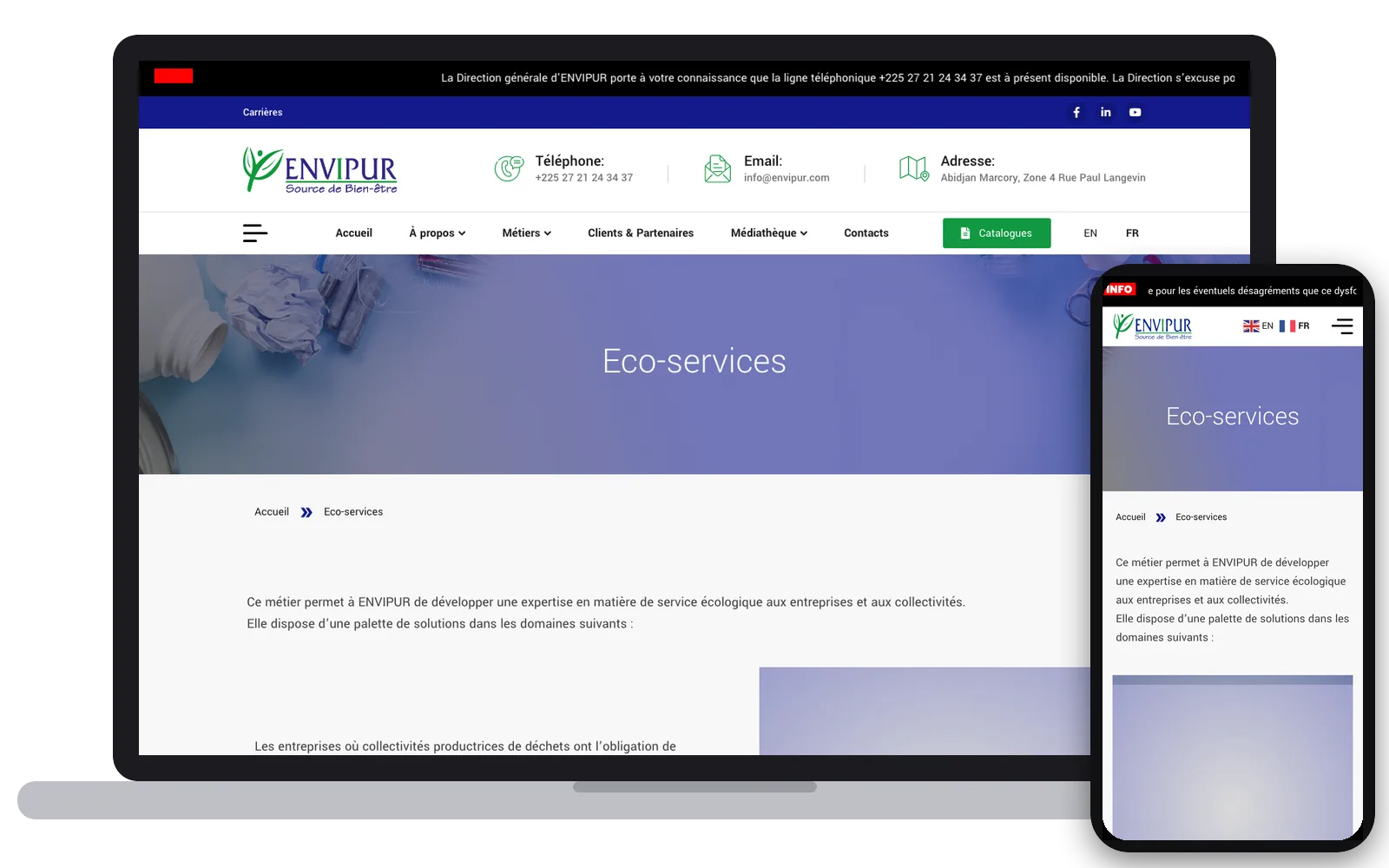 Envipur : site web sur ordinateur et smartphone, réalisé par Digit Communication