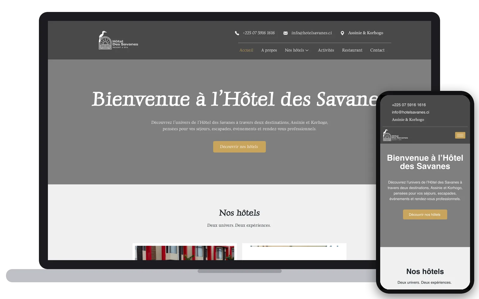 Hôtel des Savanes : site web sur ordinateur et smartphone, réalisé par Digit Communication